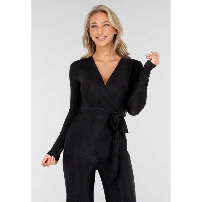 Jumpsuit mit V-Ausschnitt und langen Ärmeln in Schwarz mit Glitzerprint