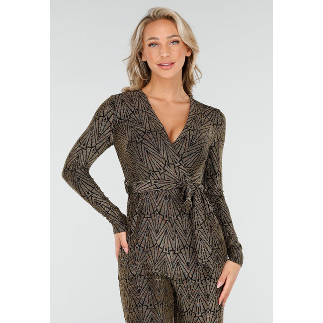 Jumpsuit mit Gürtel und langen Ärmeln in Gold mit Glitzerprint