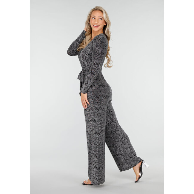 Jumpsuit mit V-Ausschnitt und langen Ärmeln in Schwarz mit silbernem Glitzerprint