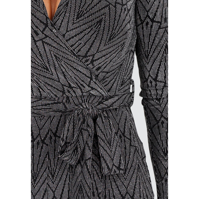 Jumpsuit mit V-Ausschnitt und langen Ärmeln in Schwarz mit silbernem Glitzerprint