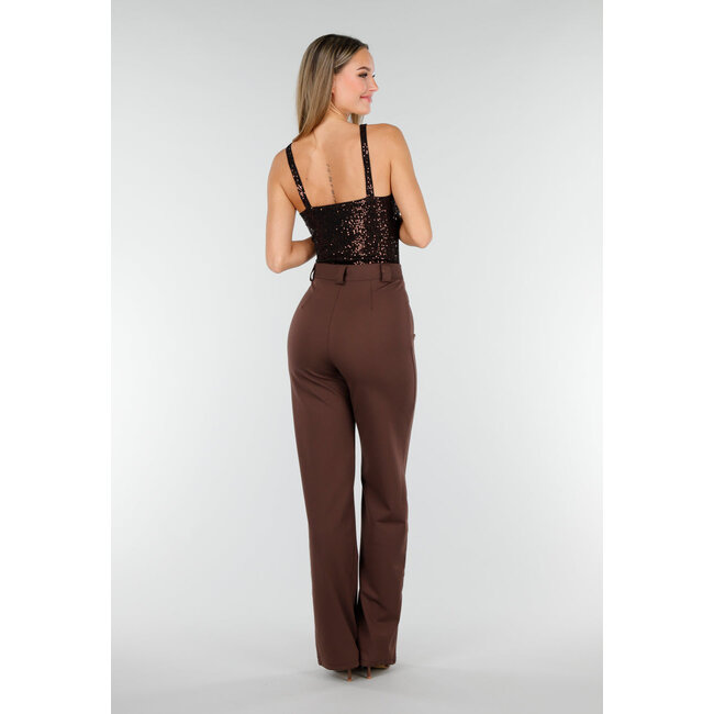 Brauner Sequin-Bodysuit mit tiefem V-Ausschnitt und Pailletten