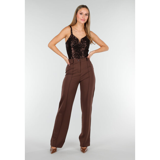 Brauner Sequin-Bodysuit mit tiefem V-Ausschnitt und Pailletten