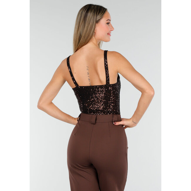 Brauner Sequin-Bodysuit mit tiefem V-Ausschnitt und Pailletten