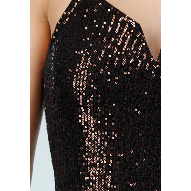 Brauner Sequin-Bodysuit mit tiefem V-Ausschnitt und Pailletten
