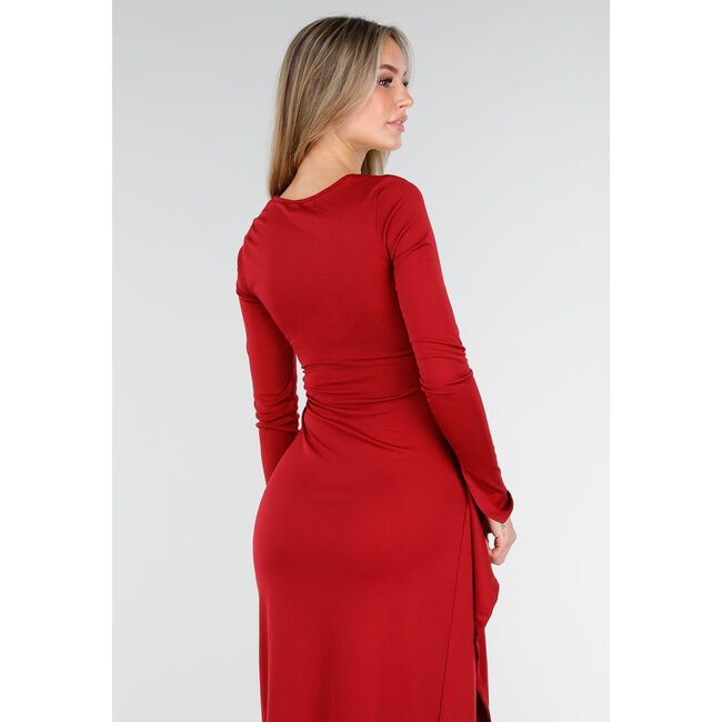 Bordeauxrotes Maxikleid mit quadratischem Ausschnitt und Schlitz aus Stretchmaterial