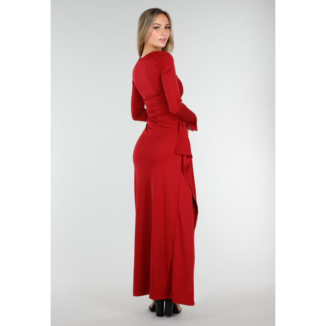 Bordeauxrotes Maxikleid mit quadratischem Ausschnitt und Schlitz aus Stretchmaterial