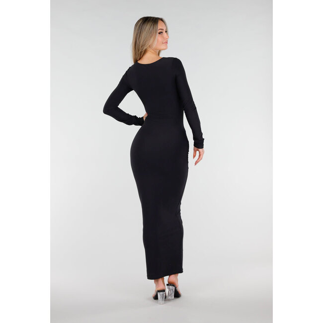 Schwarzes Super-Stretch-Maxikleid mit langen Ärmeln und Push-up-Polstern