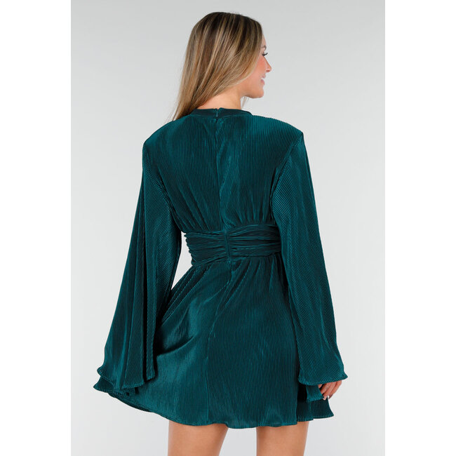 Dark Green Pleated Dress with Wide Sleeves and Ruffled Waist