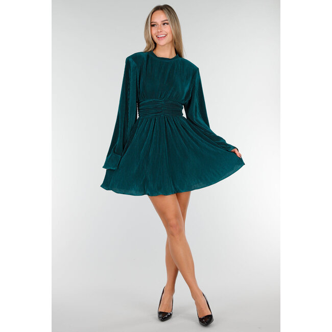 Dark Green Pleated Dress with Wide Sleeves and Ruffled Waist