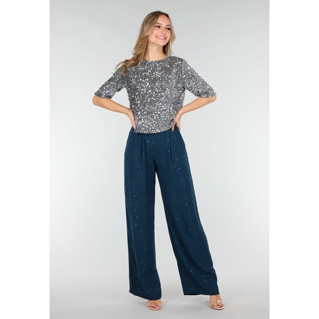 Seeblauer Glitzerhose in Leinenoptik mit Stretchbund