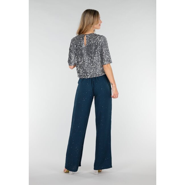 Seeblauer Glitzerhose in Leinenoptik mit Stretchbund