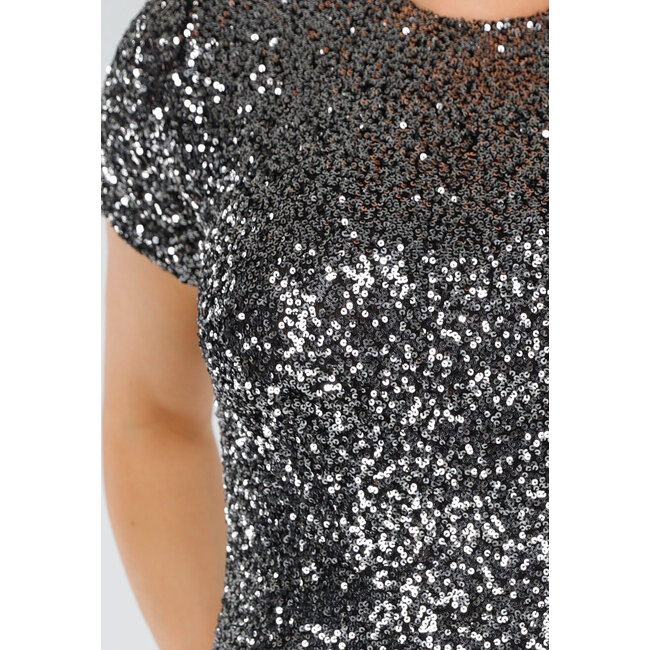 Silberfarbenes Paillettenkleid mit kurzen Ärmeln