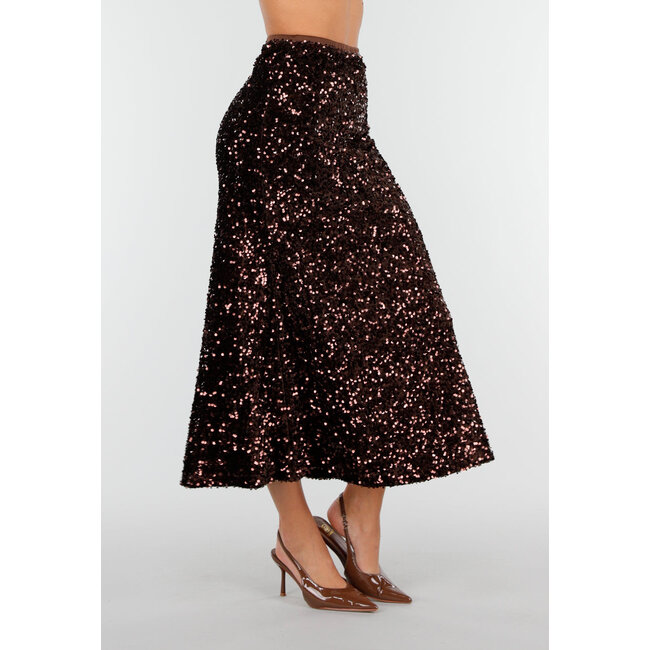 Brauner Midirock mit Allover-Pailletten und dezent ausgestelltem Saum