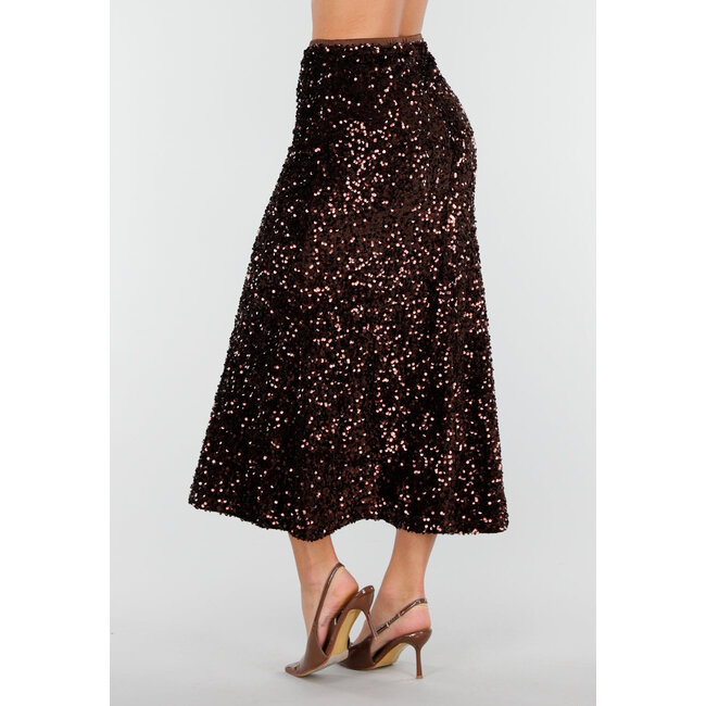 Brauner Midirock mit Allover-Pailletten und dezent ausgestelltem Saum