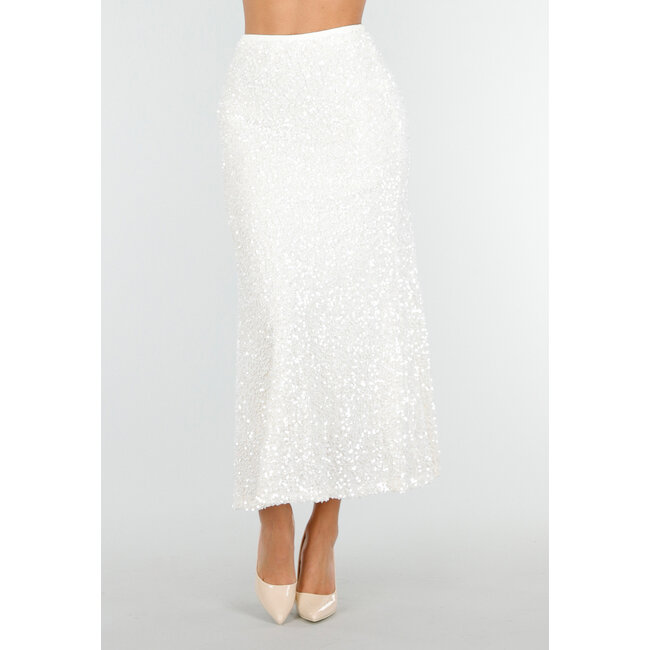 Weißer Midirock mit Allover-Pailletten und dezent ausgestelltem Saum