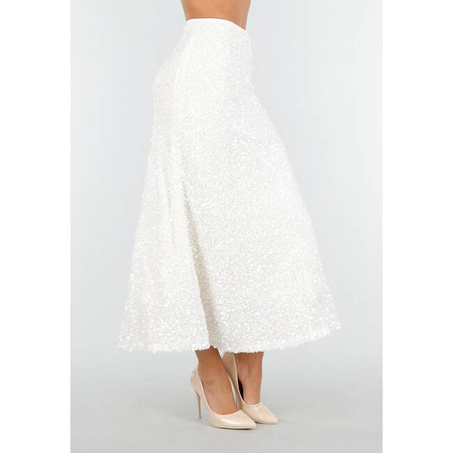 Weißer Midirock mit Allover-Pailletten und dezent ausgestelltem Saum