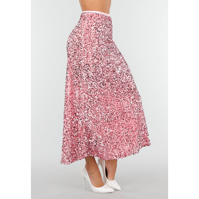 Rosa Midirock mit Allover-Pailletten und dezent ausgestelltem Saum