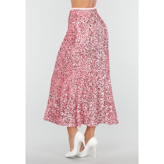 Rosa Midirock mit Allover-Pailletten und dezent ausgestelltem Saum