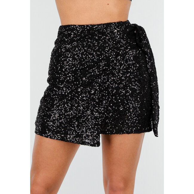 Schwarzer Wickelrock mit Allover-Pailletten und Kordelzug