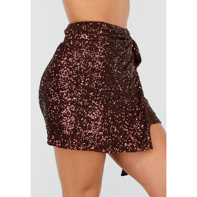 Brauner Wickelrock mit Allover-Pailletten und Kordelzug