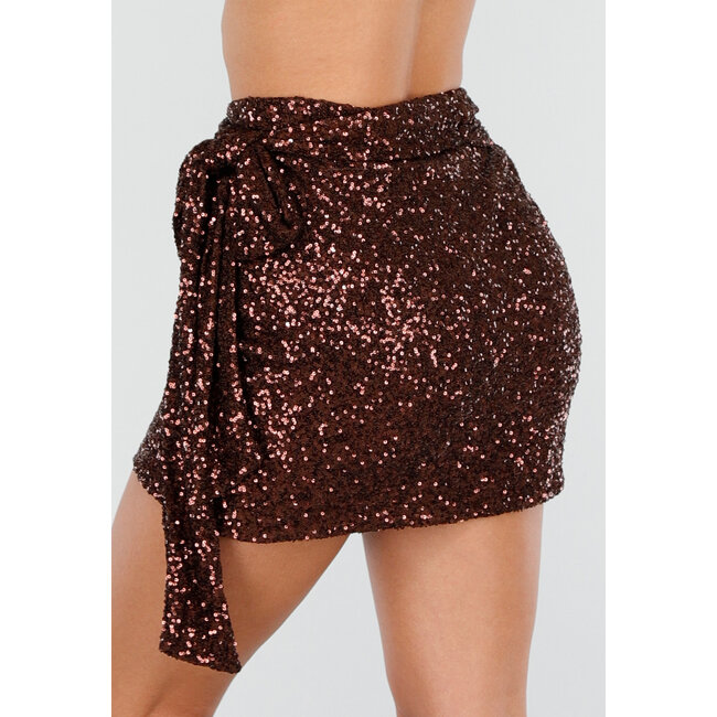 Brauner Wickelrock mit Allover-Pailletten und Kordelzug
