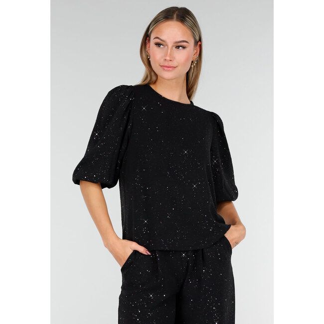 Schwarzes Galaxy Glitter Top mit elastischen Puffärmeln