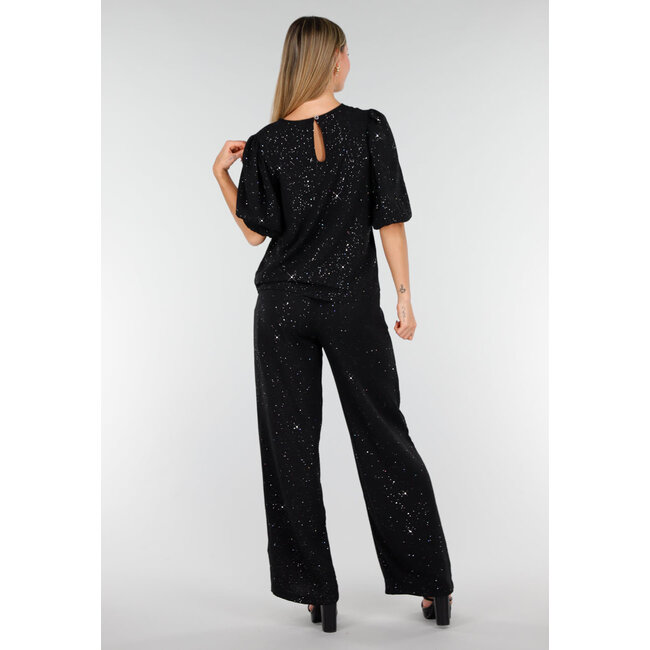 Schwarzes Galaxy Glitter Top mit elastischen Puffärmeln
