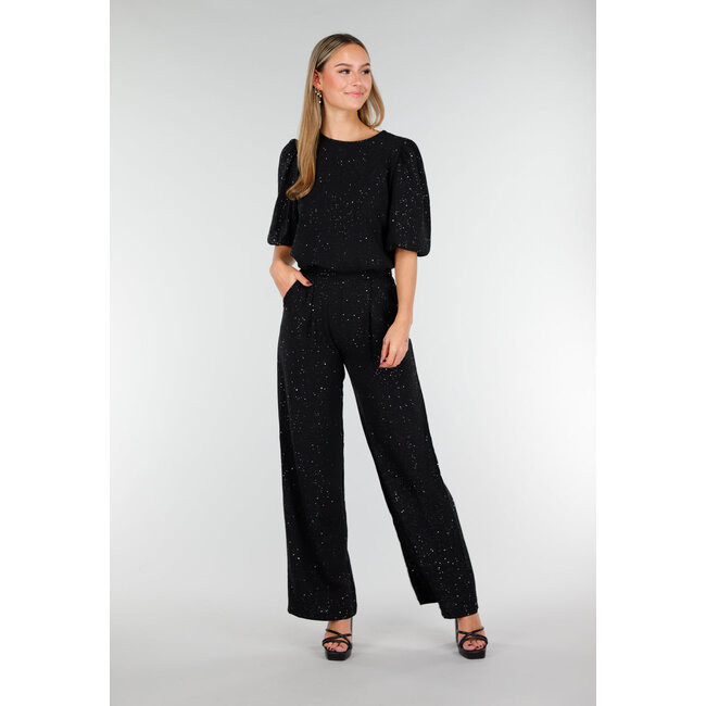 Schwarzes Galaxy Glitter Top mit elastischen Puffärmeln