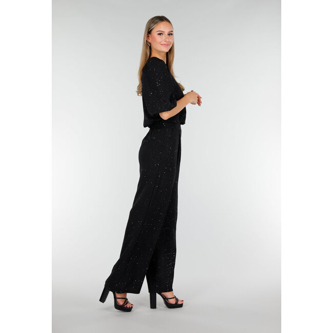 Schwarzes Galaxy Glitter Top mit elastischen Puffärmeln