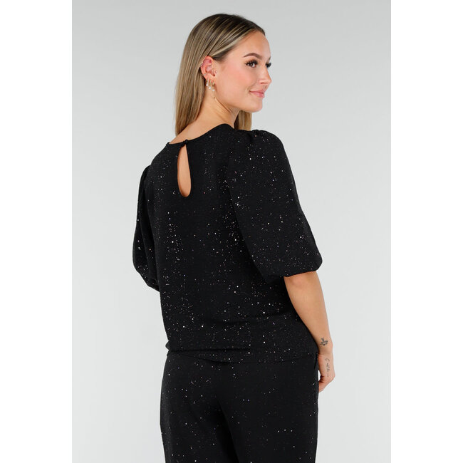 Schwarzes Galaxy Glitter Top mit elastischen Puffärmeln