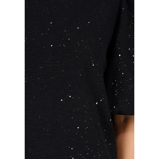 Schwarzes Galaxy Glitter Top mit elastischen Puffärmeln