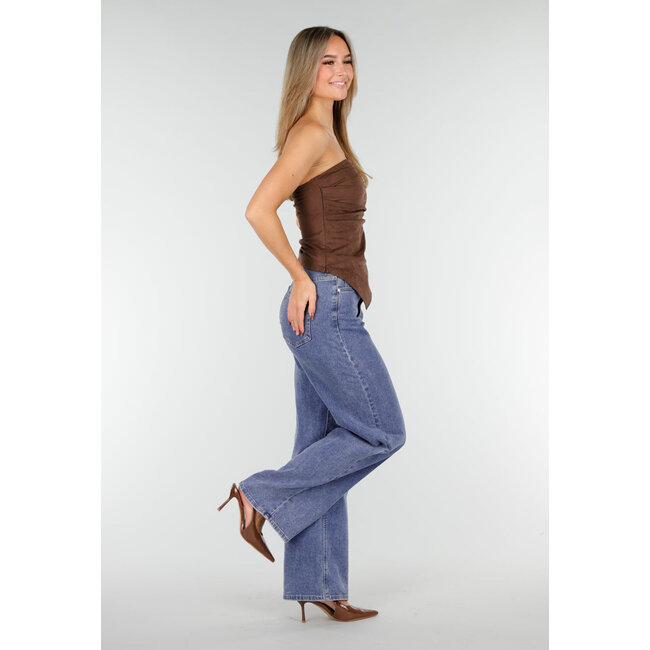 Braunes, trägerloses Oberteil aus Stretch-Wildleder mit Falten