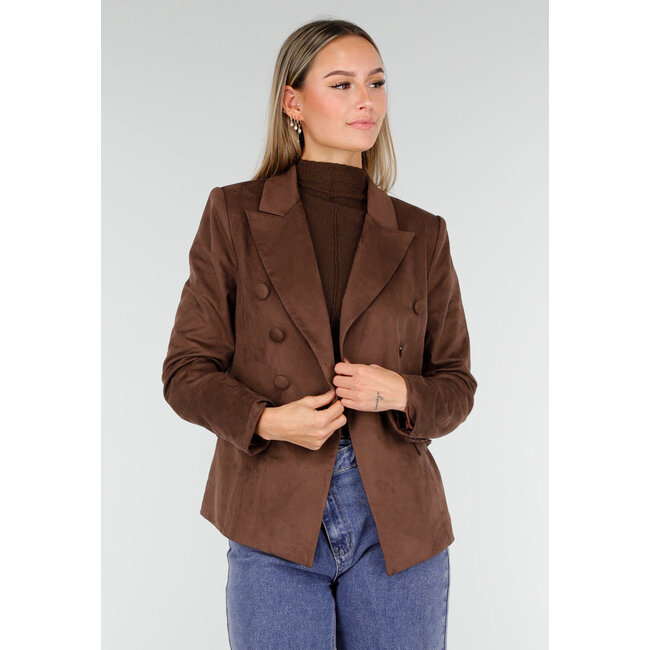 Brauner Stretch-Wildleder-Blazer mit doppelter Knopfleiste