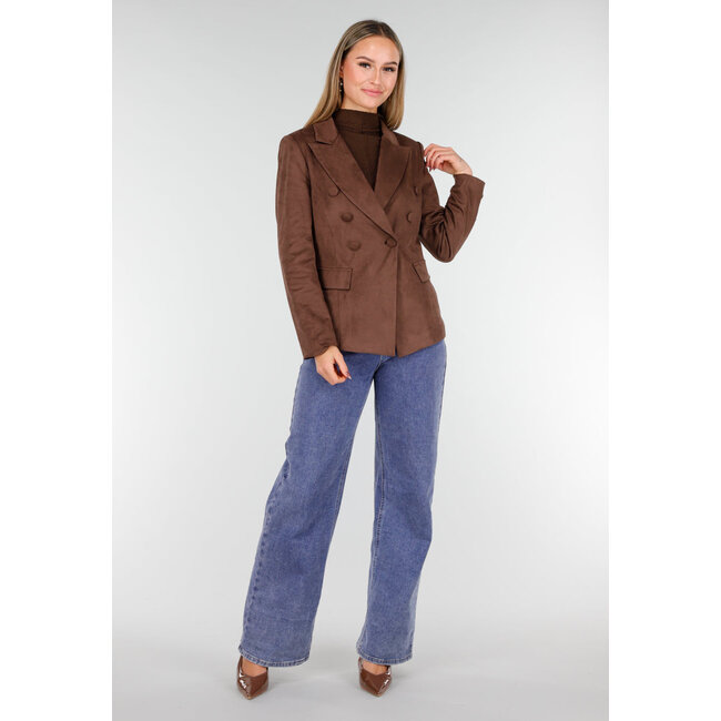 Brauner Stretch-Wildleder-Blazer mit doppelter Knopfleiste