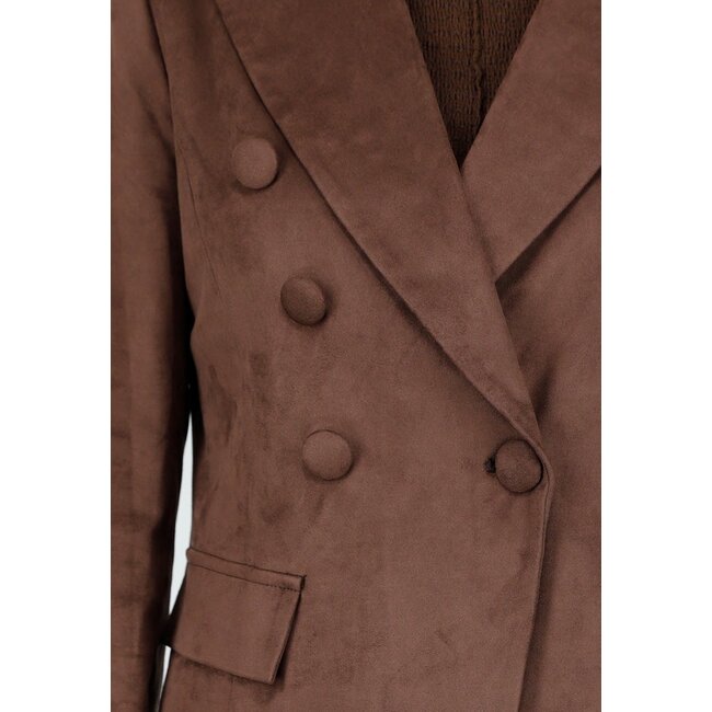 Brauner Stretch-Wildleder-Blazer mit doppelter Knopfleiste