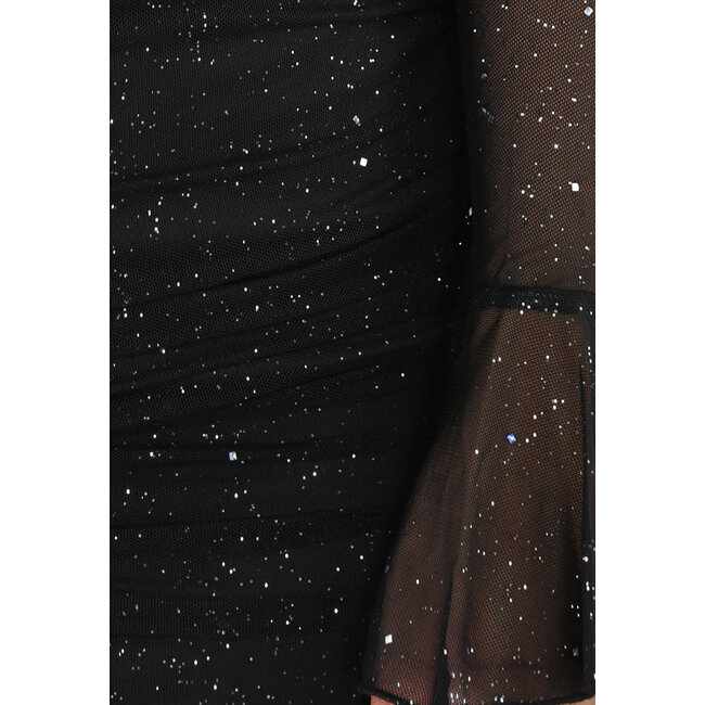 Plissiertes Glitzerkleid mit Twist-Look und Flair-Ärmeln