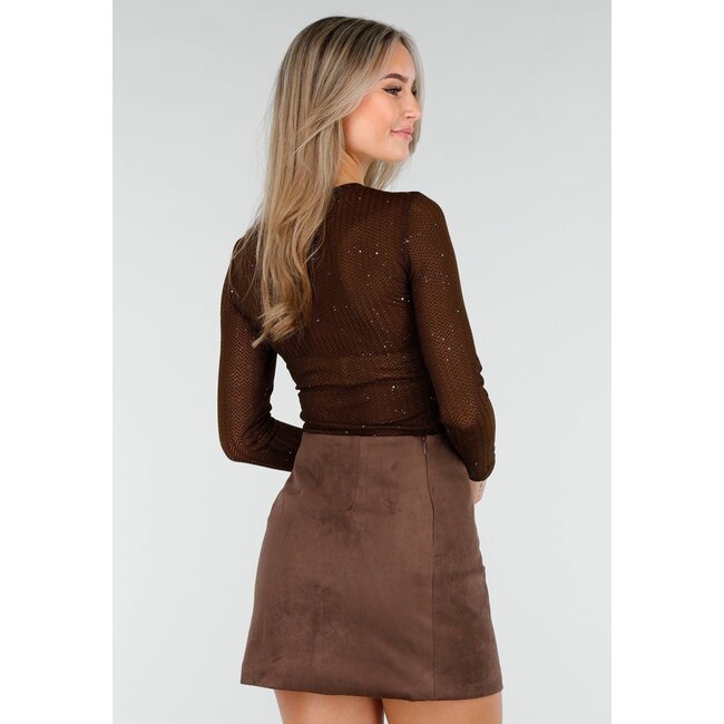 Braunes, halbtransparentes Oberteil mit langen Ärmeln und Glitzerdetails