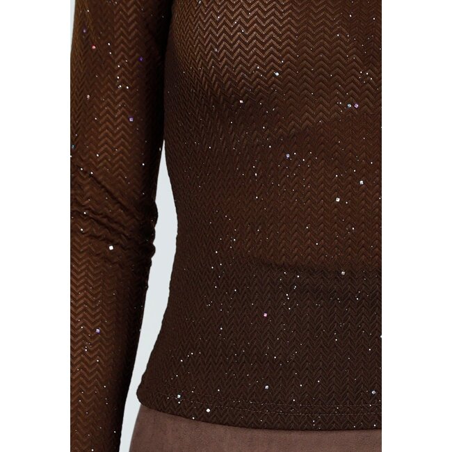 Braunes, halbtransparentes Oberteil mit langen Ärmeln und Glitzerdetails