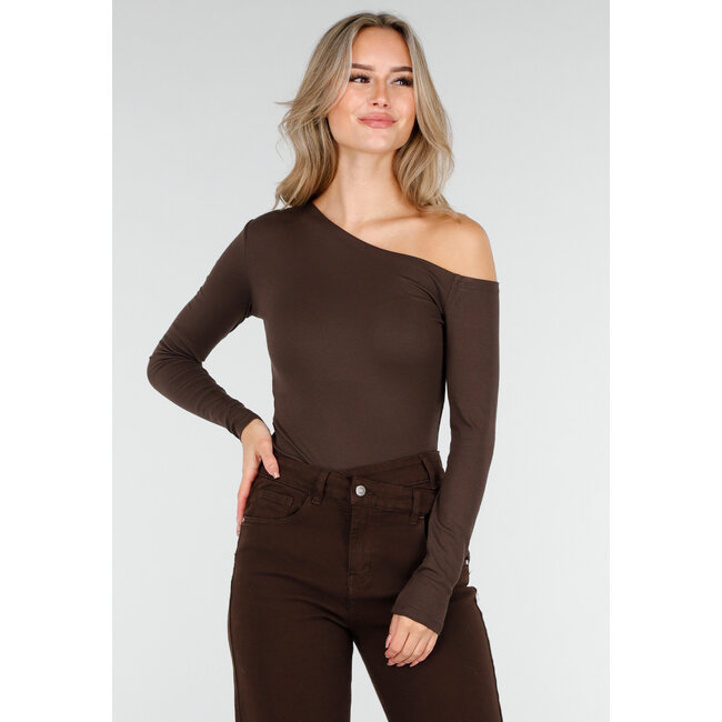 Braunes One-Shoulder-Top mit langen Ärmeln