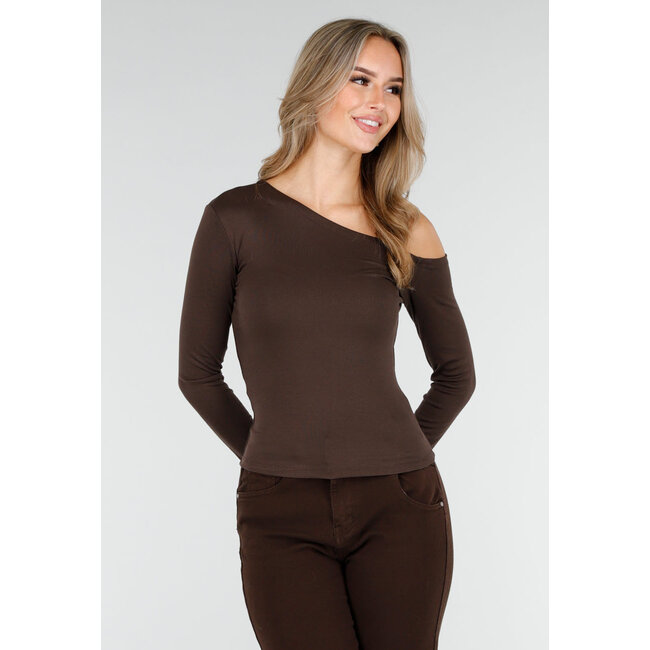 Braunes One-Shoulder-Top mit langen Ärmeln