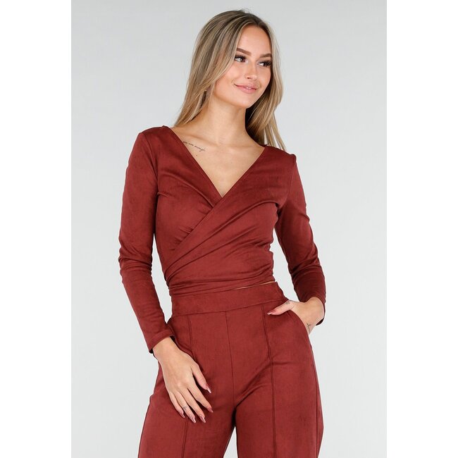 Rotes Wildleder-Look Wickeloberteil mit langen Ärmeln und Stretch