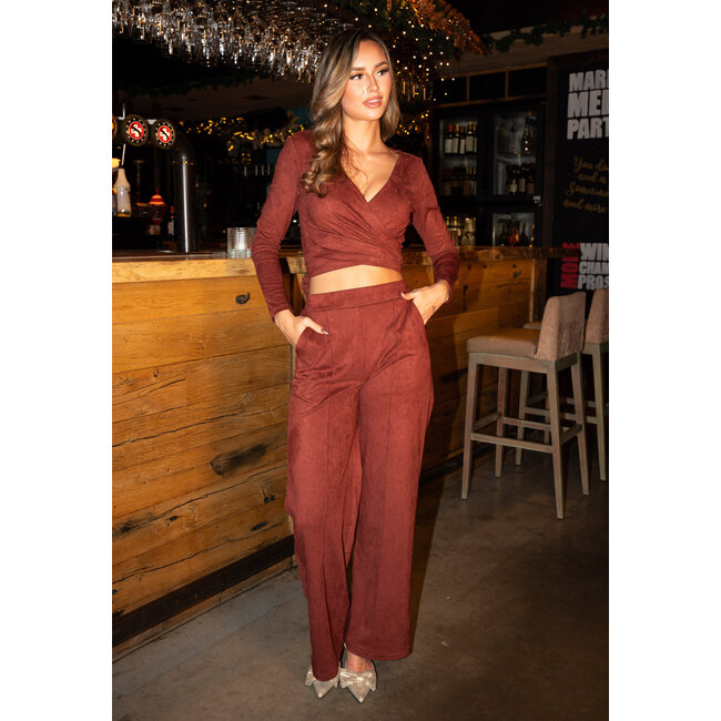 Rotes Wildleder-Look Wickeloberteil mit langen Ärmeln und Stretch