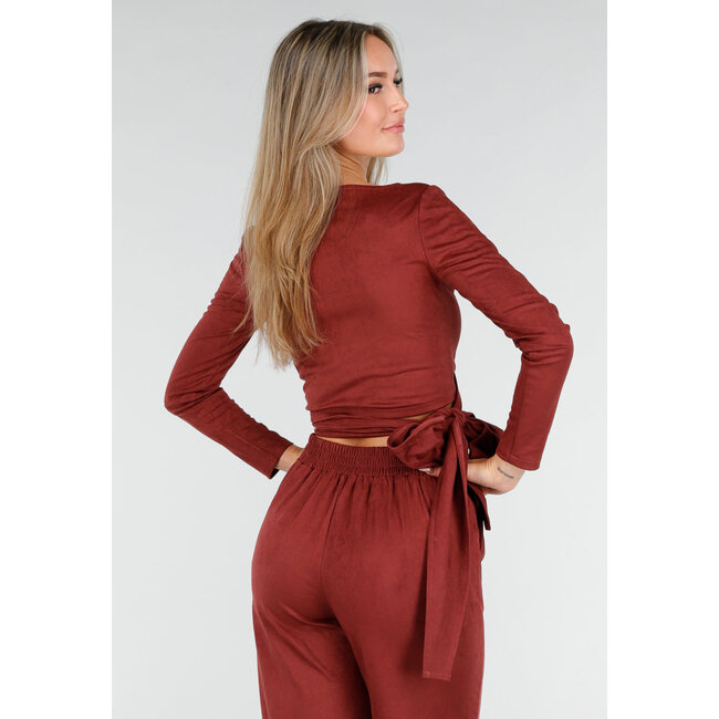 Rotes Wildleder-Look Wickeloberteil mit langen Ärmeln und Stretch