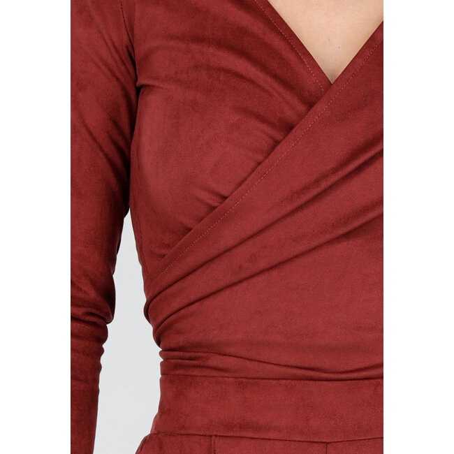 Rotes Wildleder-Look Wickeloberteil mit langen Ärmeln und Stretch