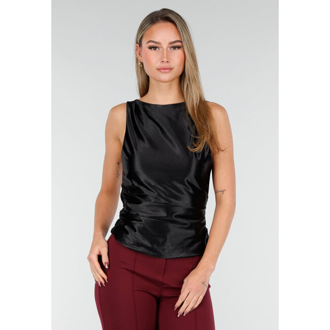 Schwarzes Stretch-Satin-Oberteil mit Polstern und offenem Rücken mit Schleife