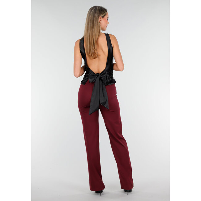 Schwarzes Stretch-Satin-Oberteil mit Polstern und offenem Rücken mit Schleife