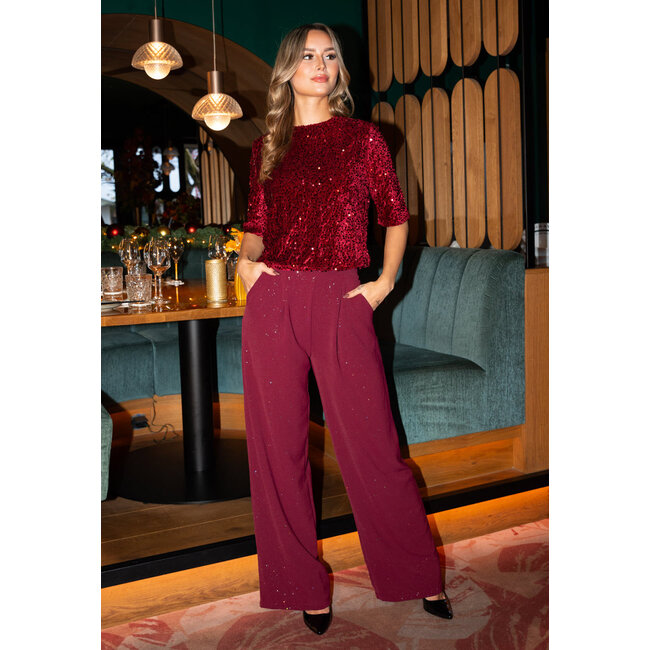 Bordeauxrote Hose in Leinenoptik mit Glitzer und Stretchbund