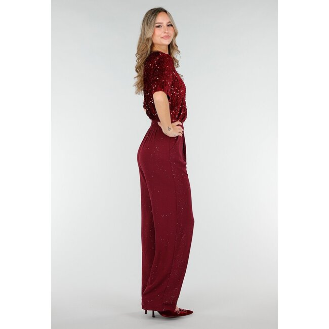 Bordeauxrote Hose in Leinenoptik mit Glitzer und Stretchbund