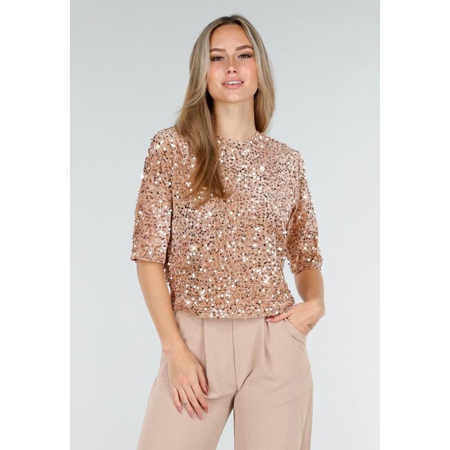 Beige Pailletten Top mit kurzen Ärmeln und Rundhalsausschnitt
