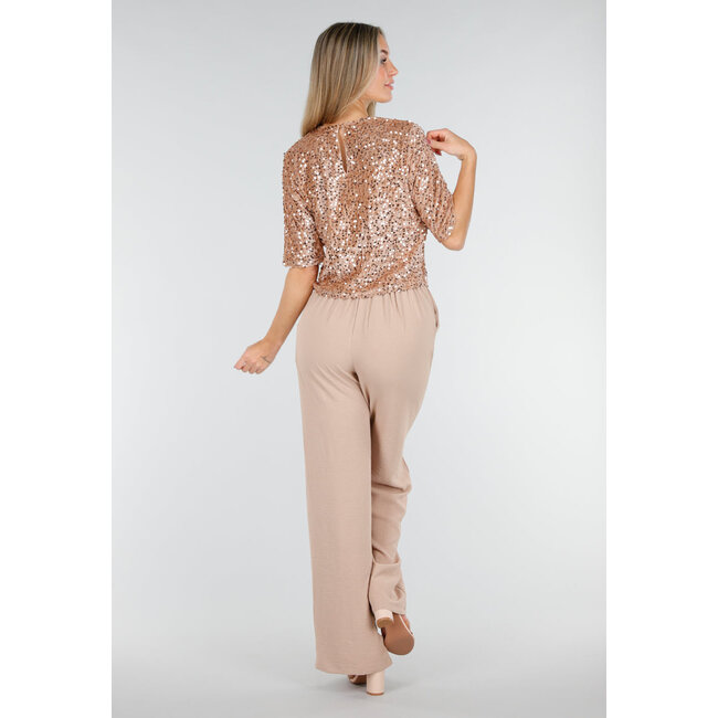 Beige Pailletten Top mit kurzen Ärmeln und Rundhalsausschnitt